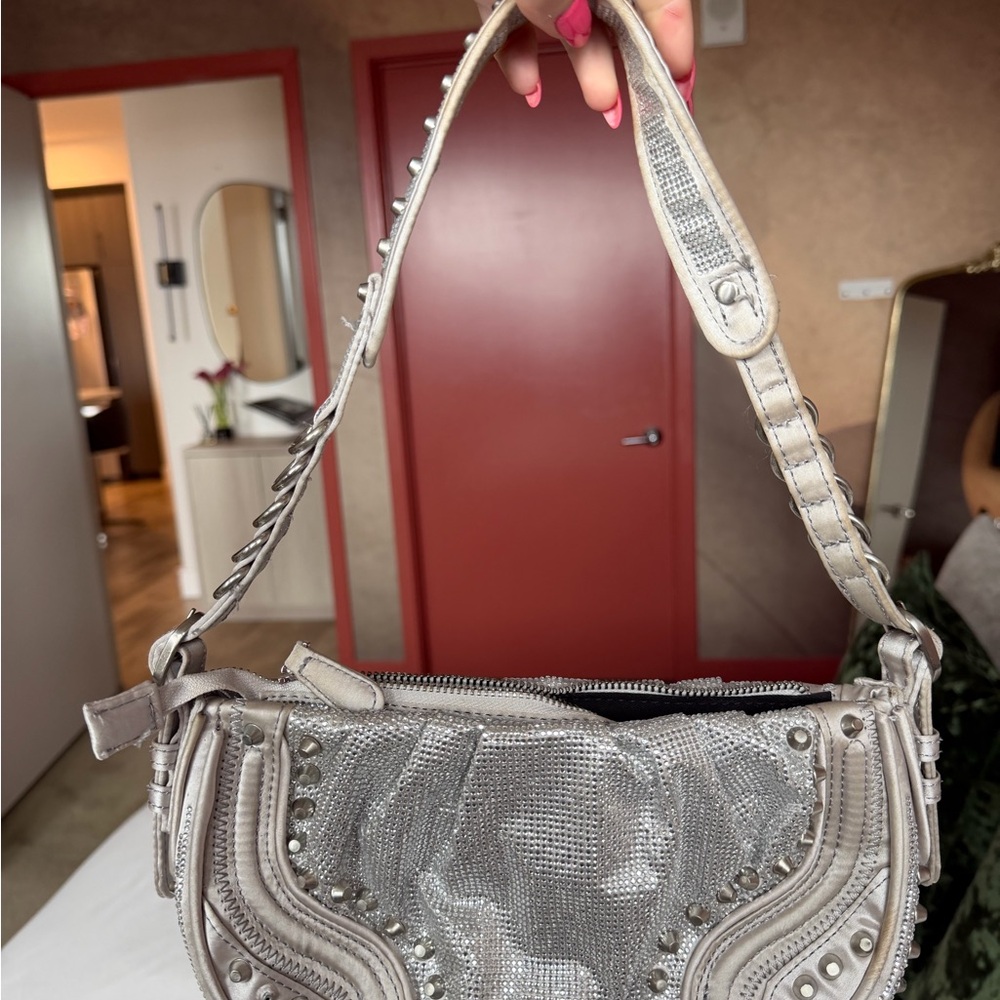 Zara Metallic Silver Studded Shoulder Bag